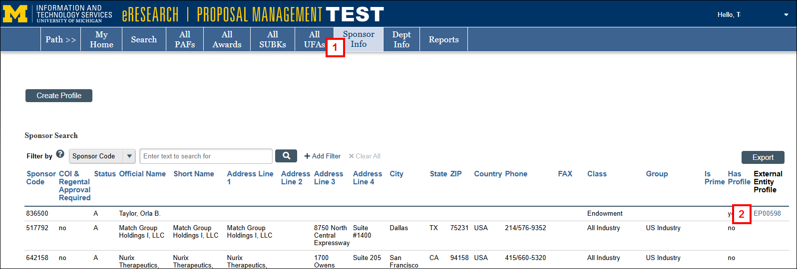 Sponsor Info tab displaying steps 1-2