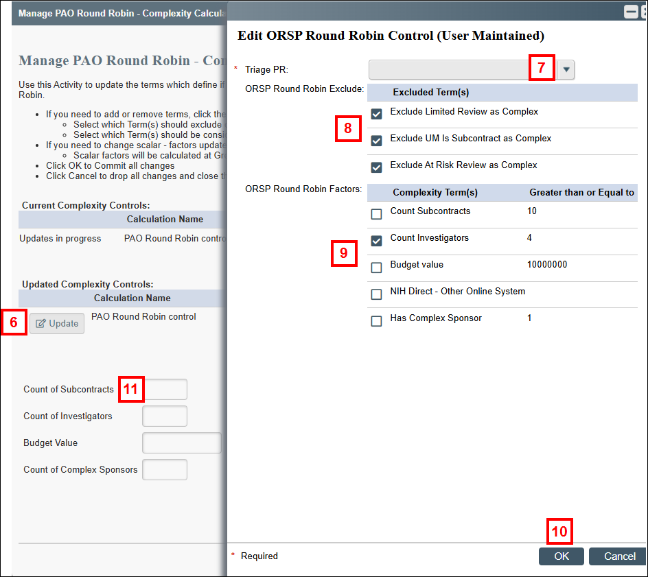 Manage PAO Round Robin - Complexity Calculator page displaying steps 6-11