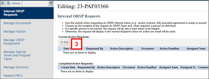 Internal ORSP Requests page displaying step 3