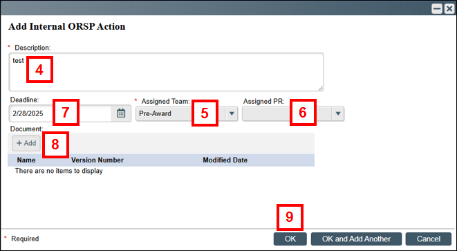 Add Internal ORSP Action page displaying steps 4-9