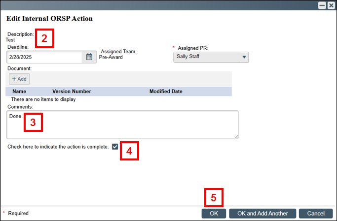 Edit Internal ORSP Action page displaying steps 2-5