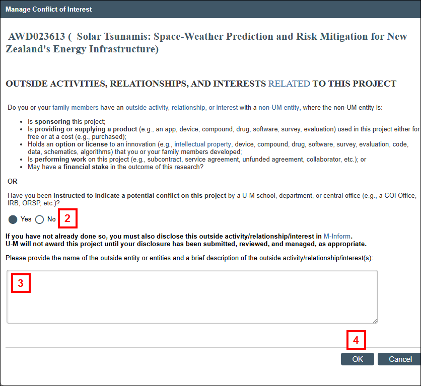 Manage Conflict of Interest window