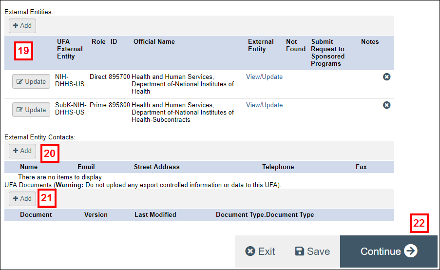 Technology Control Plan Agreement Details displaying steps 19-22