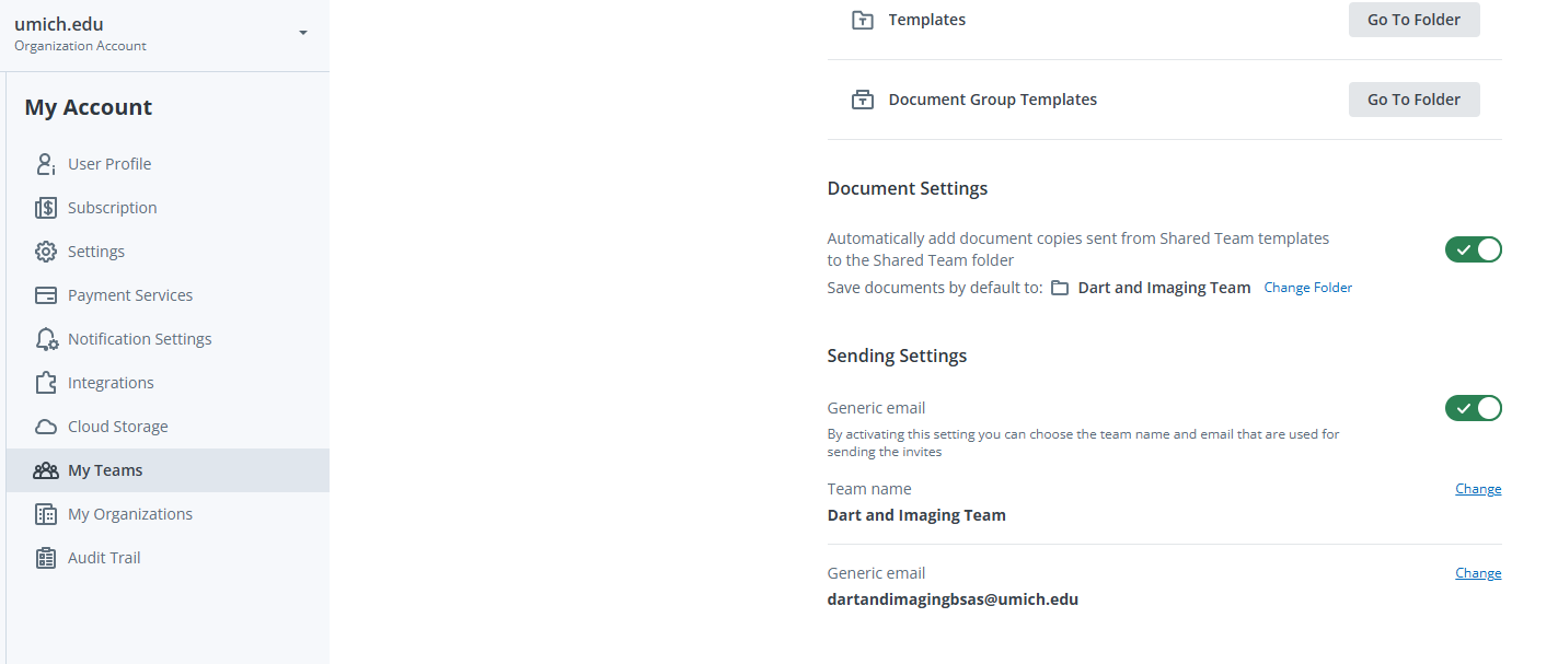 Team settings page showing email, team name, and default document saving options for Dart and Imaging Team.  Account dashboard with navigation menu, team name, and document and email settings enabled for Dart and Imaging Team.  Sidebar menu with account options and main panel displaying Dart and Imaging Team’s default document and email preferences.