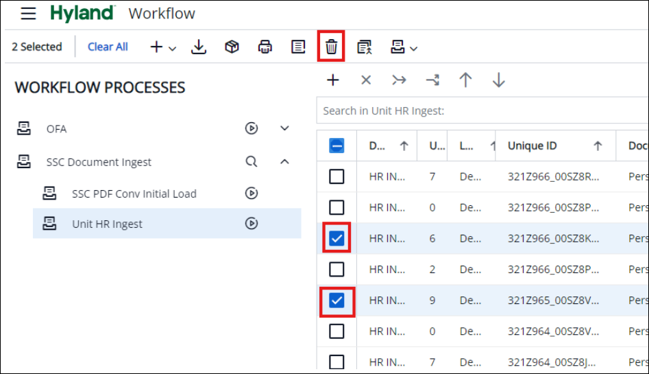 screenshot of checked documents to be deleted.