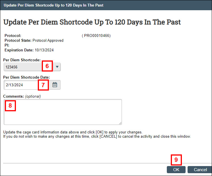 Update Per Diem Shortcode Up to 120 Days in the Past window - steps 6-9