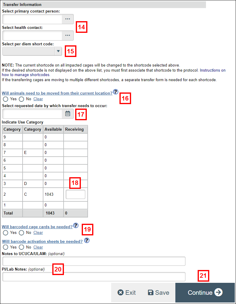 Create Animal Use Form steps 14-21