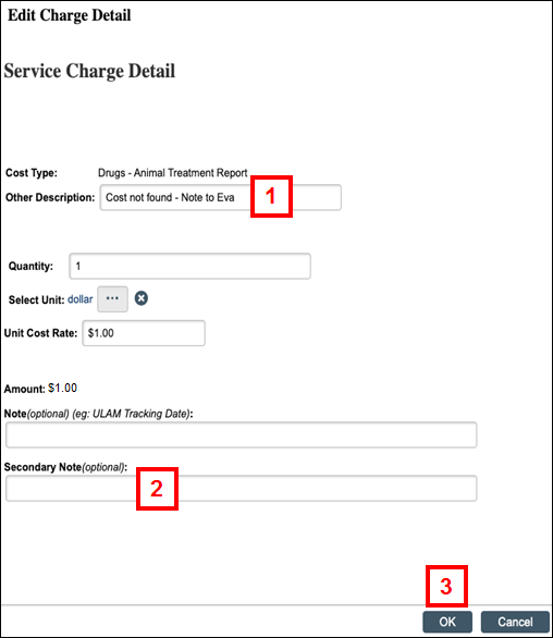 Service Charge Detail page displaying steps 1-3