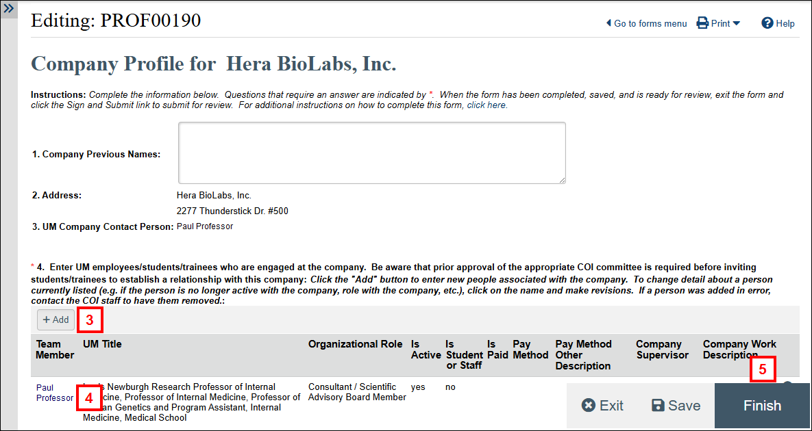 Company Profile worksheet displaying steps 2-5