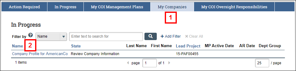 M-Inform COI Management dashboard, My Companies tab