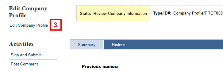 Company Profile workspace in Review Company Information State