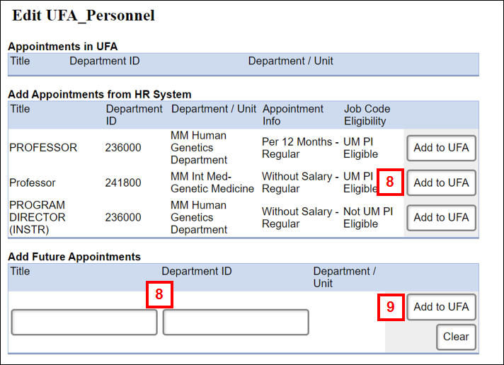 Appointments in UFA page