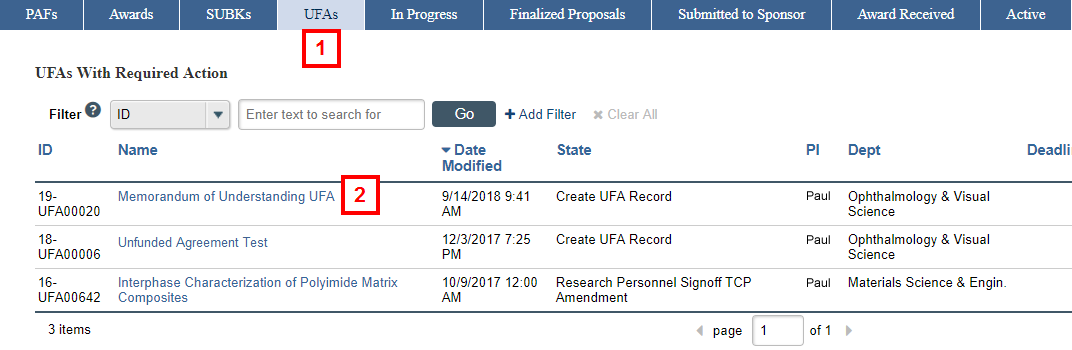 UFAs tab on eResearch Proposal Management Home
