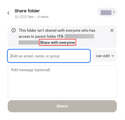 Dropbox folder sharing dialog, with a red box around "Share with everyone" option