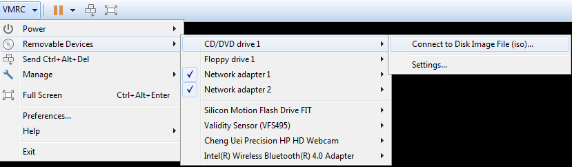 From the VMRC menu, select Removable Devices, CD/DVD drive, Connect to Disk Image File (iso)... and select your Operating System ISO (from step 1).