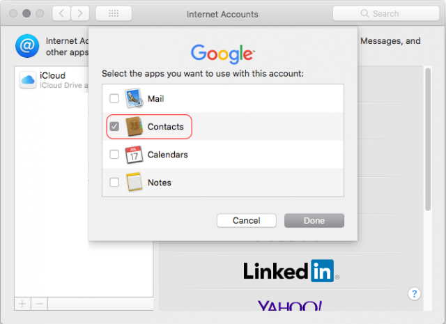 internet accounts contacts selection