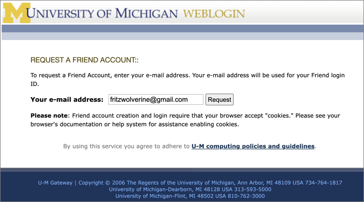 Screenshot of Request a Friend Account page.