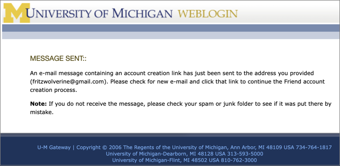 Screenshot of Message Sent screen. It asks you to check your email for the message.