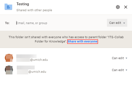 Team Folder subfolder sharing dialog with red box around Share with everyone