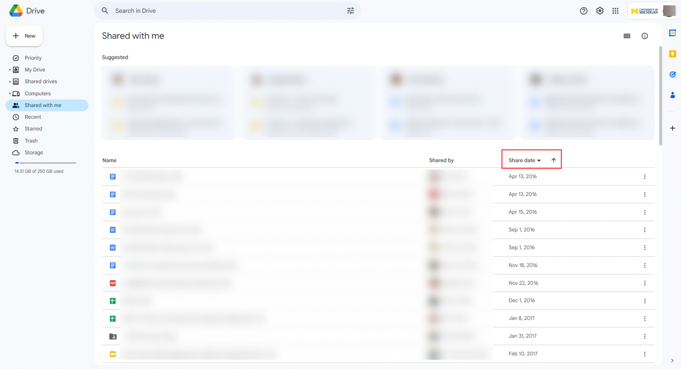 Shared With Me section in Google Drive with a red box around the Share date column header
