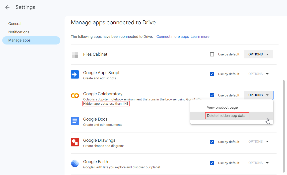 Google Drive Hidden App Data menu