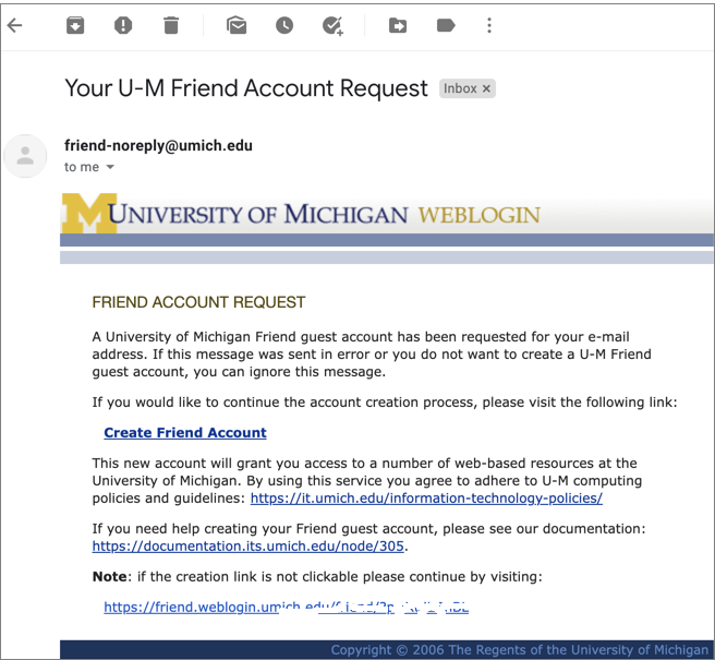 Screenshot of the email with the link to create a Friend account.