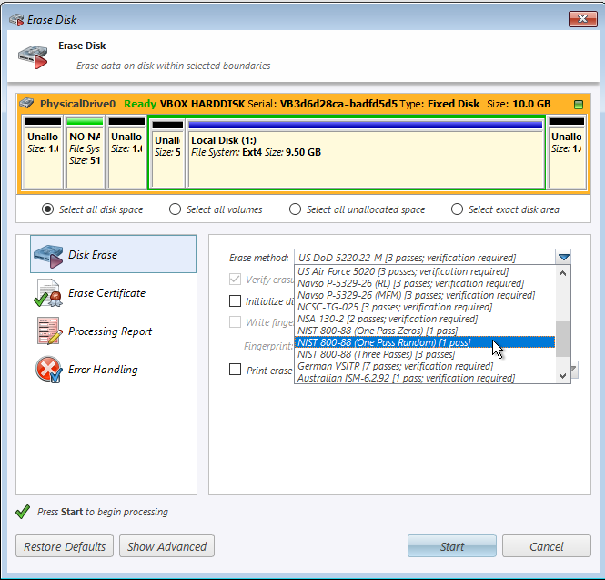 Screenshot of selecting method of erasing. NIST 800 1 pass is recommended unless you are required to use another method.