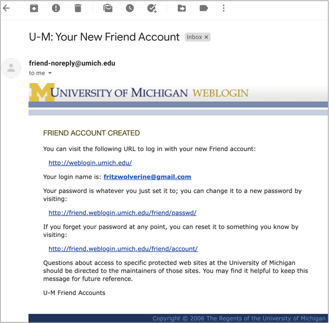 Screenshot of email confirming creation of Friend account.