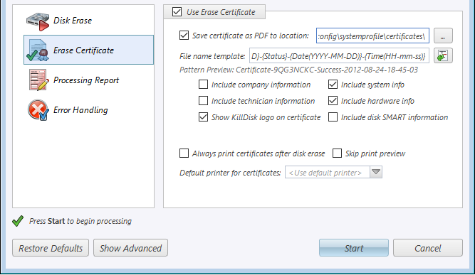 Screenshot showing the default save location for the certificate of destruction Kill Disk creates.