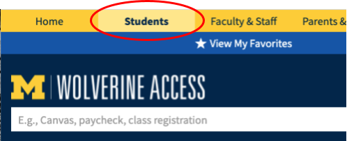 Screenshot of Student tab at the top of the Wolverine Access page.