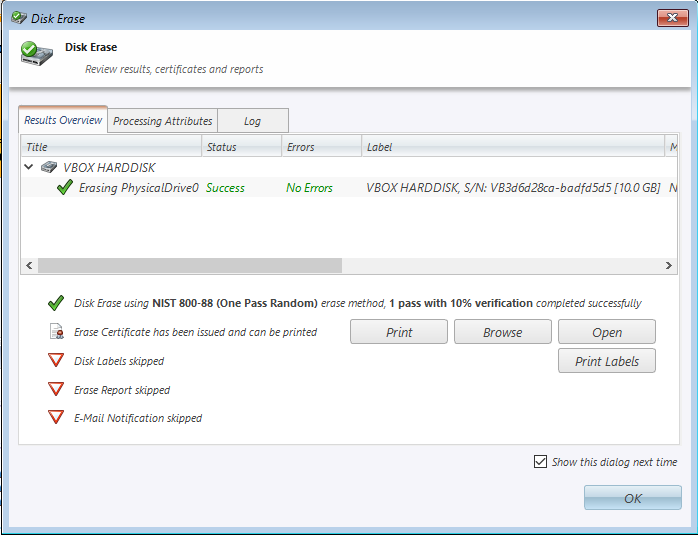 Screenshot of the window when erasing is complete which shows the print button for printing the certificate.