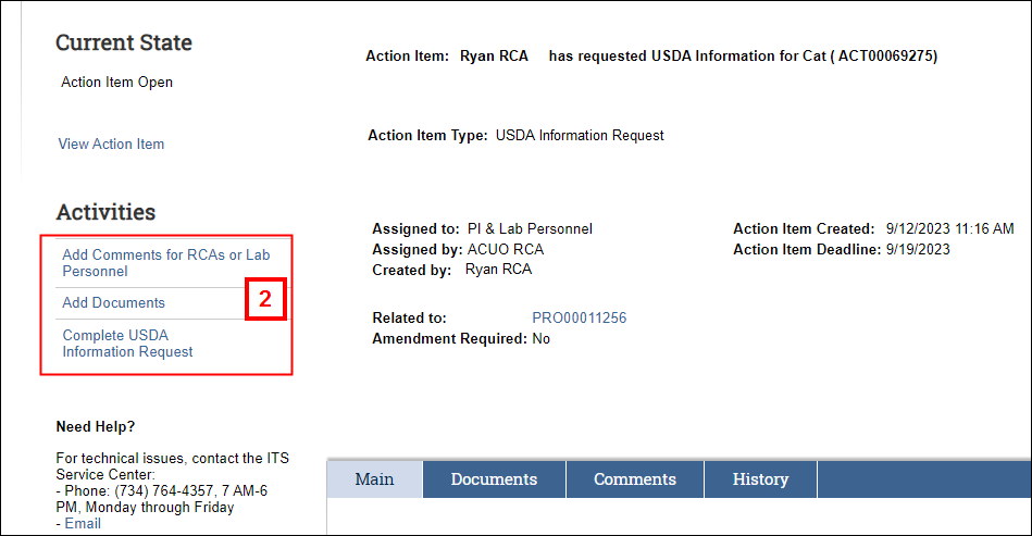 USDA Information Request Action Item workspace