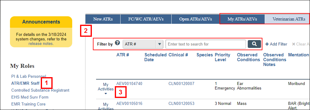 Veterinarian ATRs tab on ATR/EMR Home workspace in eRAM screenshot steps 1-3