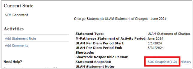 Charge Statement screenshot displaying the SOC Snapshot link