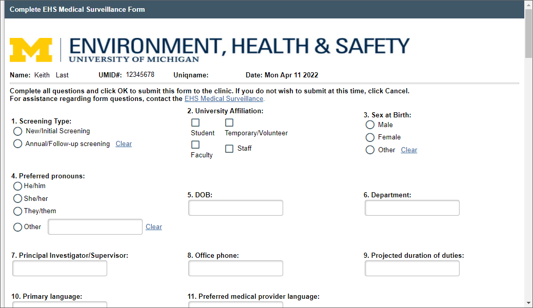 Environment, Health & Safety form