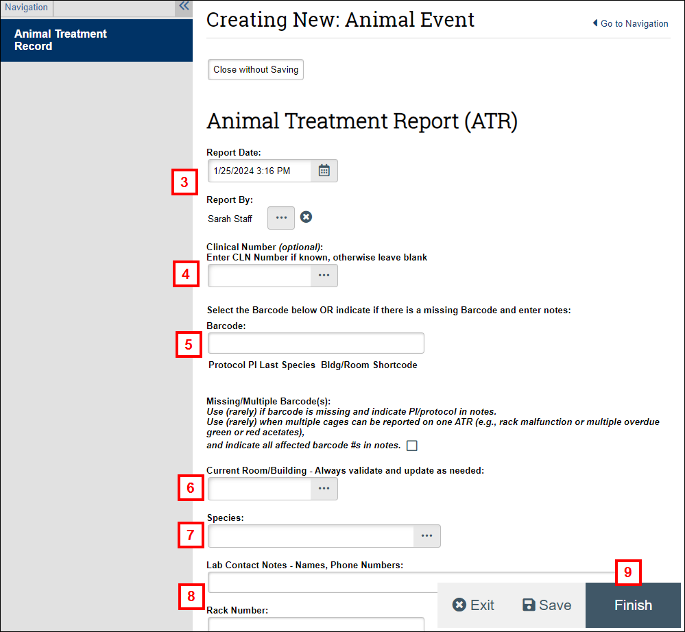 Create New Animal Treatment Record form screenshot showing steps 3-9