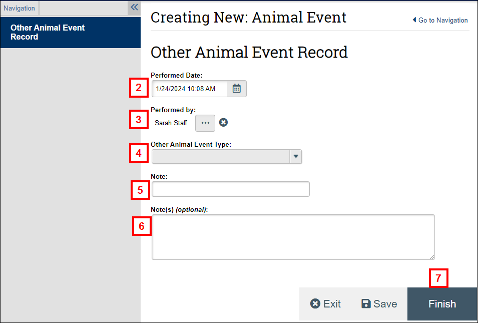 Other Animal Treatment Record form screenshot steps 2-7
