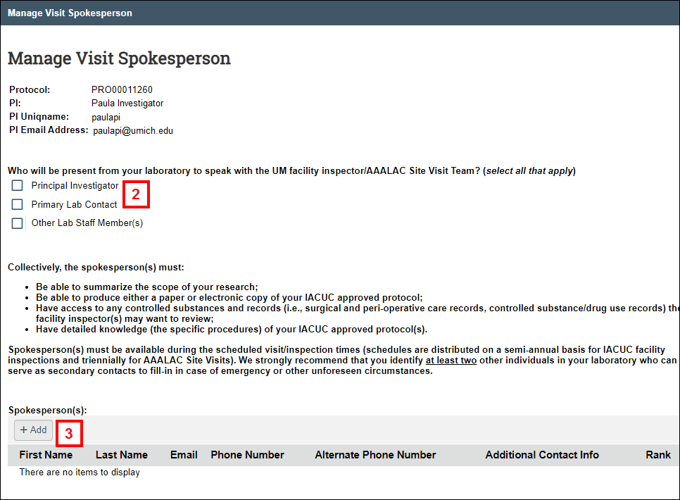 Manage Visit Spokesperson screenshot in eRAM showing steps 2 - 3.