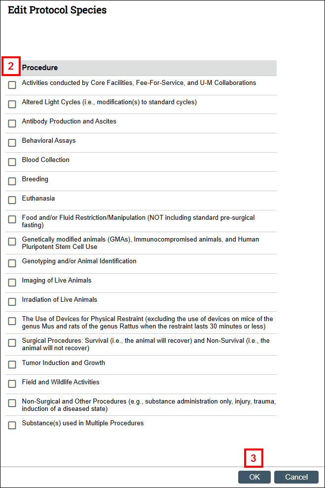 eRAM Protocol Procedure selection page