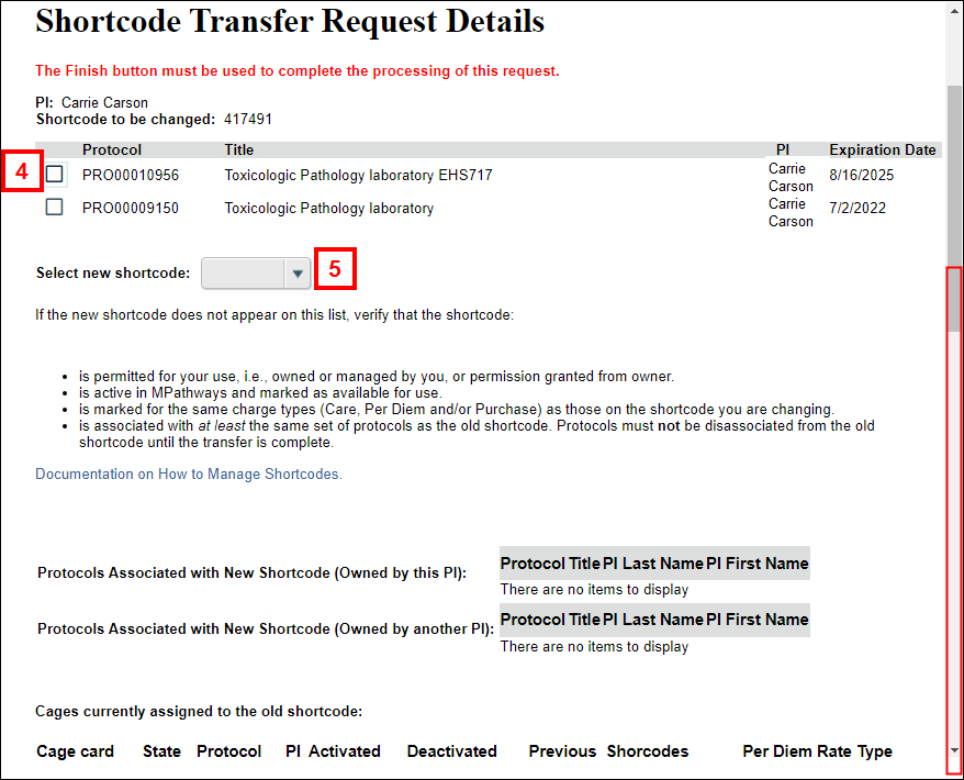 Shortcode Transfer Request Details screen in eRAM steps 4-5