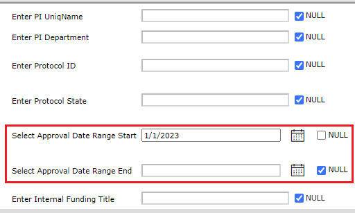 Select Approval Date Range Start and End fields outlined in SSRS screenshot showing 1/1 as Start Date