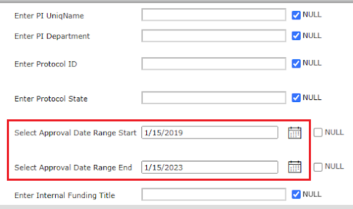 Select Approval Date Range Start and End fields outlined in screenshot showing 1/15/2019 as Start Date and 1/15/2023 as End Date