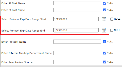 Select Protocol Exp Date Range Start and End fields outlined in SSRS screenshot showing 1/15/2022 as Start and 1/15/2026 as End
