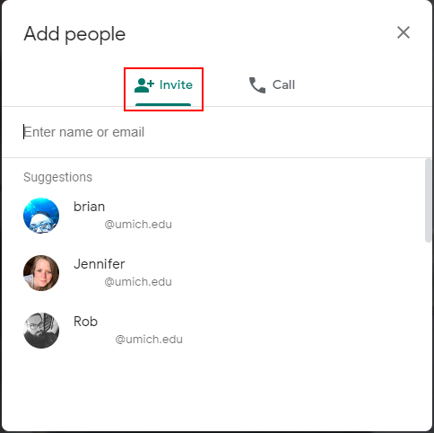 Screenshot of Google Meet, Add people pop-up, Invite tab