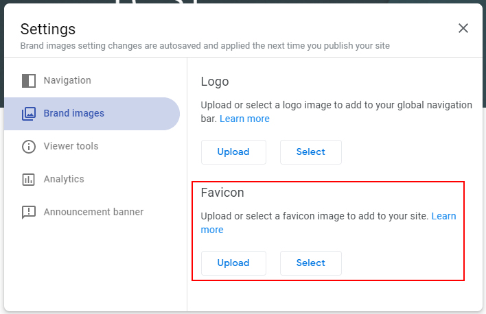 Screenshot of the Settings menu to add a favicon to your New Google Site