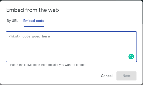 Screenshot of Embed from the web menu to embed code in a New Google Site.