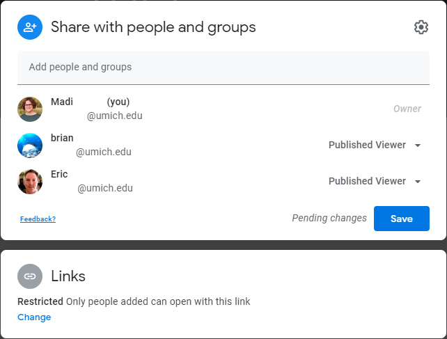 Screenshot of the sharing settings in new Google Sites