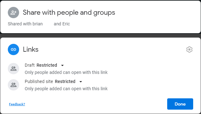 Screenshot of the link sharing settings in new Google Sites