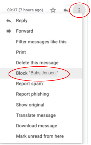 Gmail More drop-down menu with a red circle around "Block "Babs Jensen"'