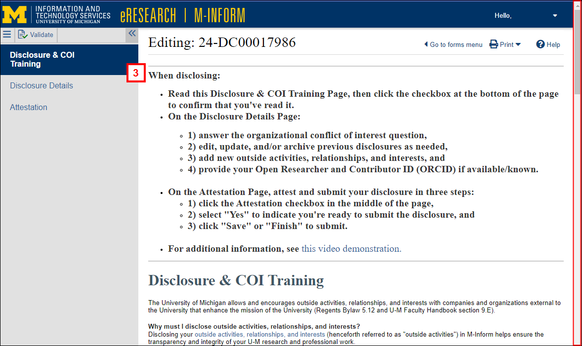 Disclosure & COI Training smartform Page step 3